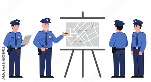 Police officers planning strategy using map on whiteboard in station, discussing crime scene and investigation details with serious mood.
