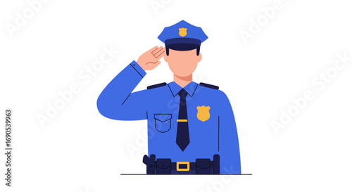 Police officer saluting in uniform against white backdrop, symbolizing respect and law enforcement with a sense of duty and authority.