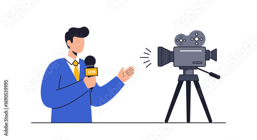 Reporter presenting news in front of camera with microphone, explaining current events with serious expression, conveying information professionally.
