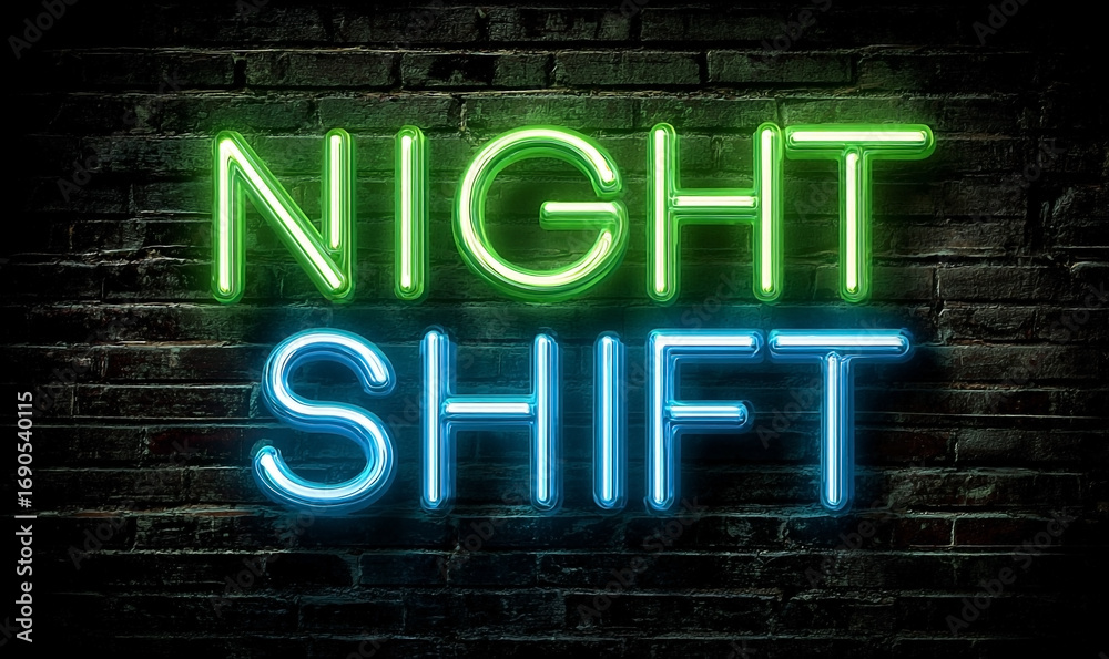 Obraz premium Illuminated Night Shift Neon Sign with Green and Blue Glow on Grungy Brick Wall.