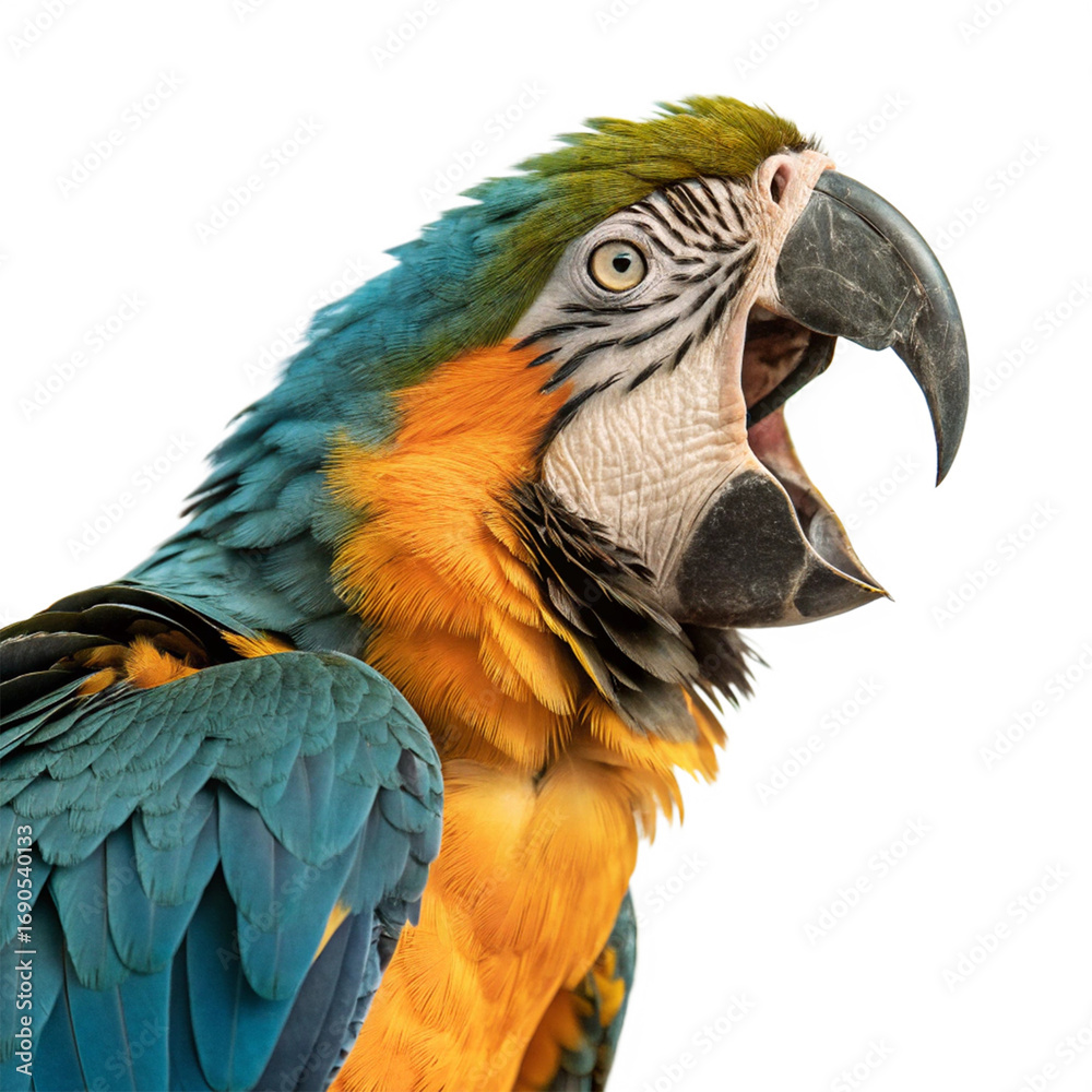 Obraz premium Vibrant macaw parrot in mid-flight showcases stunning plumage and powerful wings 