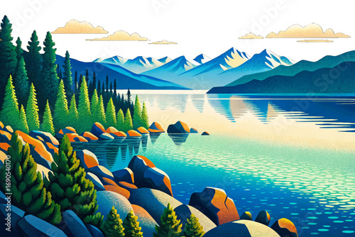 Lake Tahoe in California Nevada border, alpine waters, forested mountains, popular travel and recreation destination