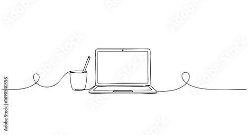 Minimalist workspace showing sleek laptop and pencil cup in continuous line art style symbolizing productivity