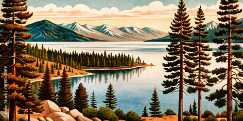 Lake Tahoe in California Nevada border, alpine waters, forested mountains, popular travel and recreation destination