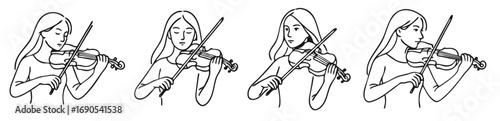 Four drawings of woman playing on violin