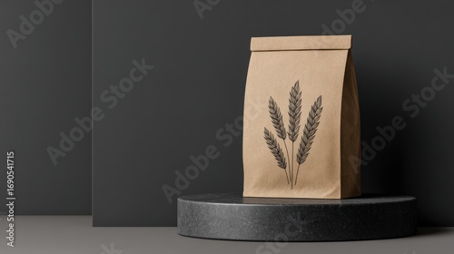 Brown paper bag with a sketch of wheat on a round platform. Dark background gives the impression of a product shot