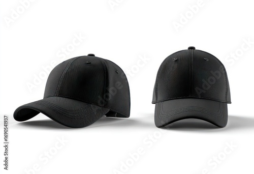 Two black baseball caps shown against a stark white background. The left cap is angled, and the right is head on, showing fabric texture