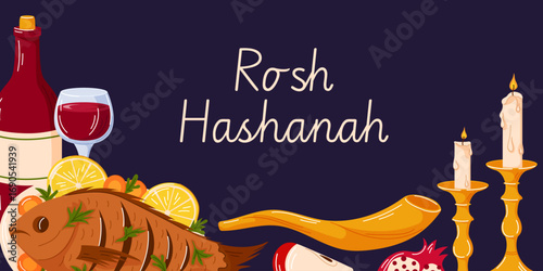 Rosh Hashanah holiday greeting banner with festive message. Traditional Jewish holiday symbol shofar, fish, kiddush wine bottle and glass, candle, fruit on purple background in cartoon.