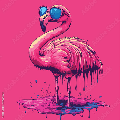 Modern Vector Illustration of Pink Flamingo with Sunglasses in a Vibrant Pop Art Style