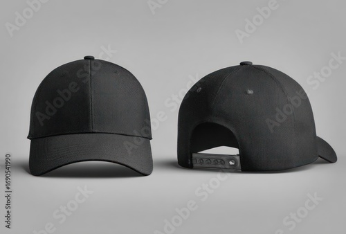 Two plain black baseball caps are displayed against a soft grey background, showing front and back views, highlighting shape and texture