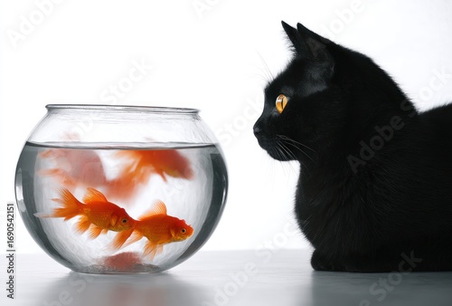 Black cat intently gazes at two goldfish swimming in a round glass bowl filled with water, set against a stark white backdrop