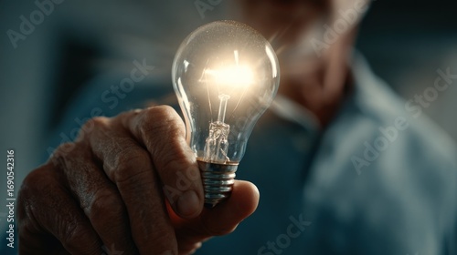 An elder holds a light bulb, which emits a radiant glow from the center, symbolizing innovation or a bright idea. The background is softly blurred