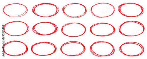 Red crayon line circles in simple hand drawn grunge textured style collection. Chalk sketch doodle check underline frames.