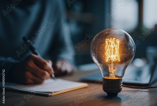 Warm glowing lightbulb on a wooden desk, casting light as someone writes in a notebook, laptop nearby. Focus on bulb
