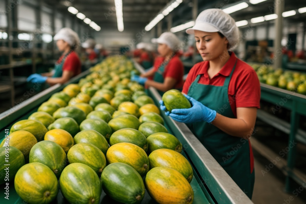 Fototapeta premium Quality Control and Sorting of Fresh Papayas in a Fruit Packing Facility with Workers Dressed in Protective Gear Ensuring Standards and Efficiency