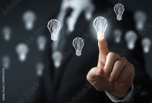 Blurred figure in suit selecting a glowing lightbulb from many sketched lightbulbs on a dark gray background, representing innovation