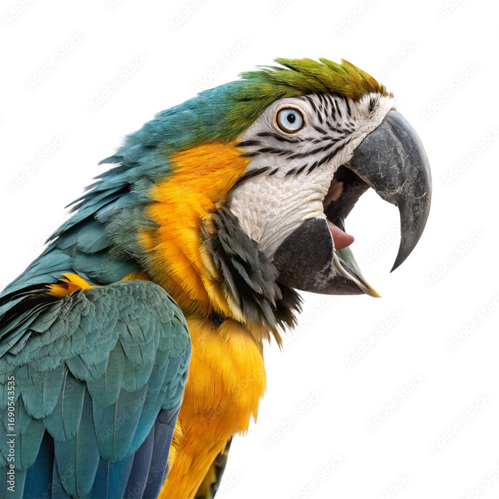 Fototapeta premium Vibrant blue and yellow macaw parrot squawking with wide open beak, tropical exotic bird portrait