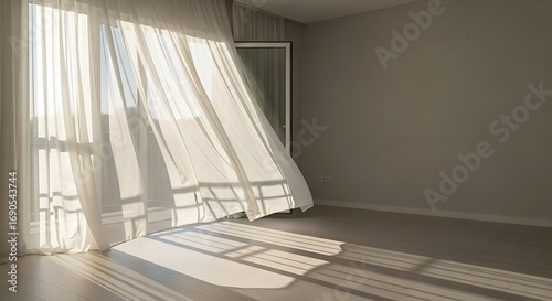 Sunlit spacious room with sheer curtains flowing and casting shadows