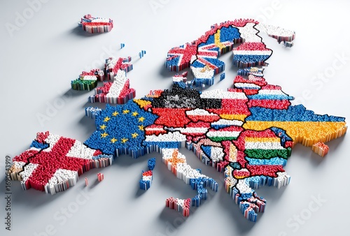 A 3D map of Europe constructed from small colored blocks, each country patterned with its flag, isolated against a white background, casting soft shadows