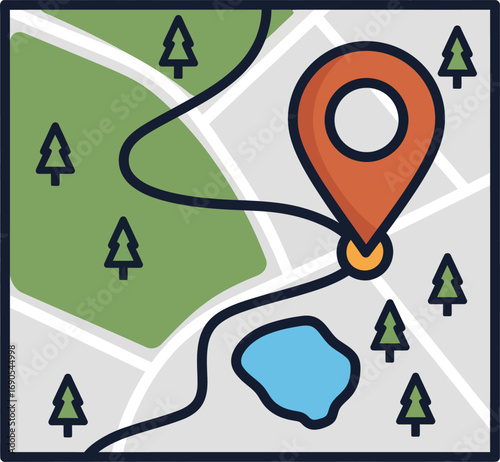 Vector art of map pointer with landscape for navigation concept