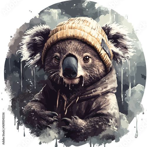 Vector Illustration of Cute Koala Bear in Beanie Hat and Hoodie in Modern Realistic Style with Earth Tones and Muted Colors
