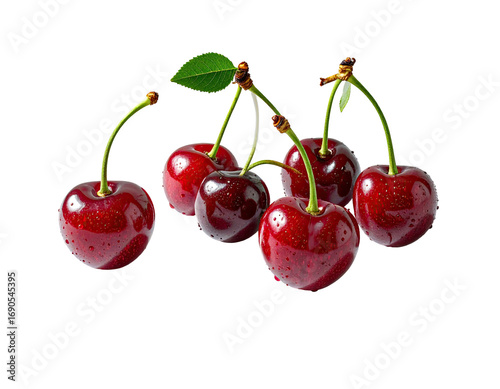 Close-up of a cluster of ripe, red cherries on stems