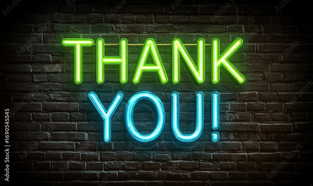 Obraz premium Luminous Green and Blue Neon Thank You Glowing on a Dark Urban Brick Wall.