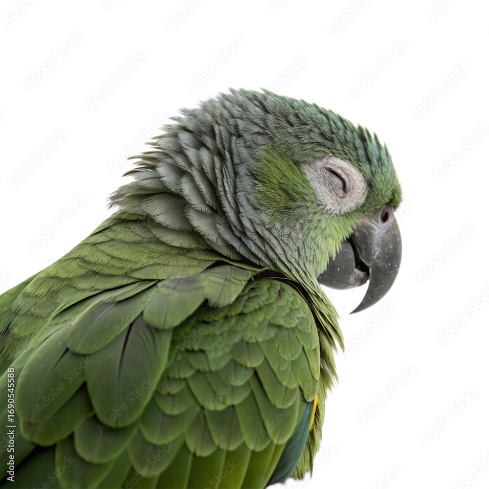 Obraz premium Peaceful green parrot rests with eyes closed, showcasing vibrant plumage and gentle repose 