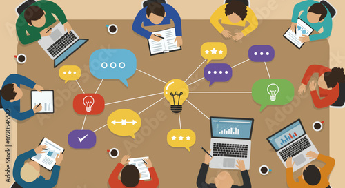 Diverse Teams Driving Innovation: High-Angle View of Strategic Brainstorming for Global Business Solutions