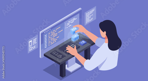 Streamlined Precision: Close-Up Isometric Flat Design Element for Digital Strategy & Innovation