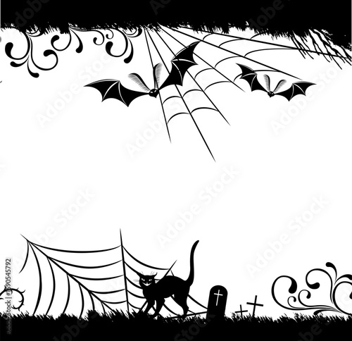 Halloween black borders. A cat, flying bats, spider web and grave silhouettes. Vector isolated decoration elements for halloween design.