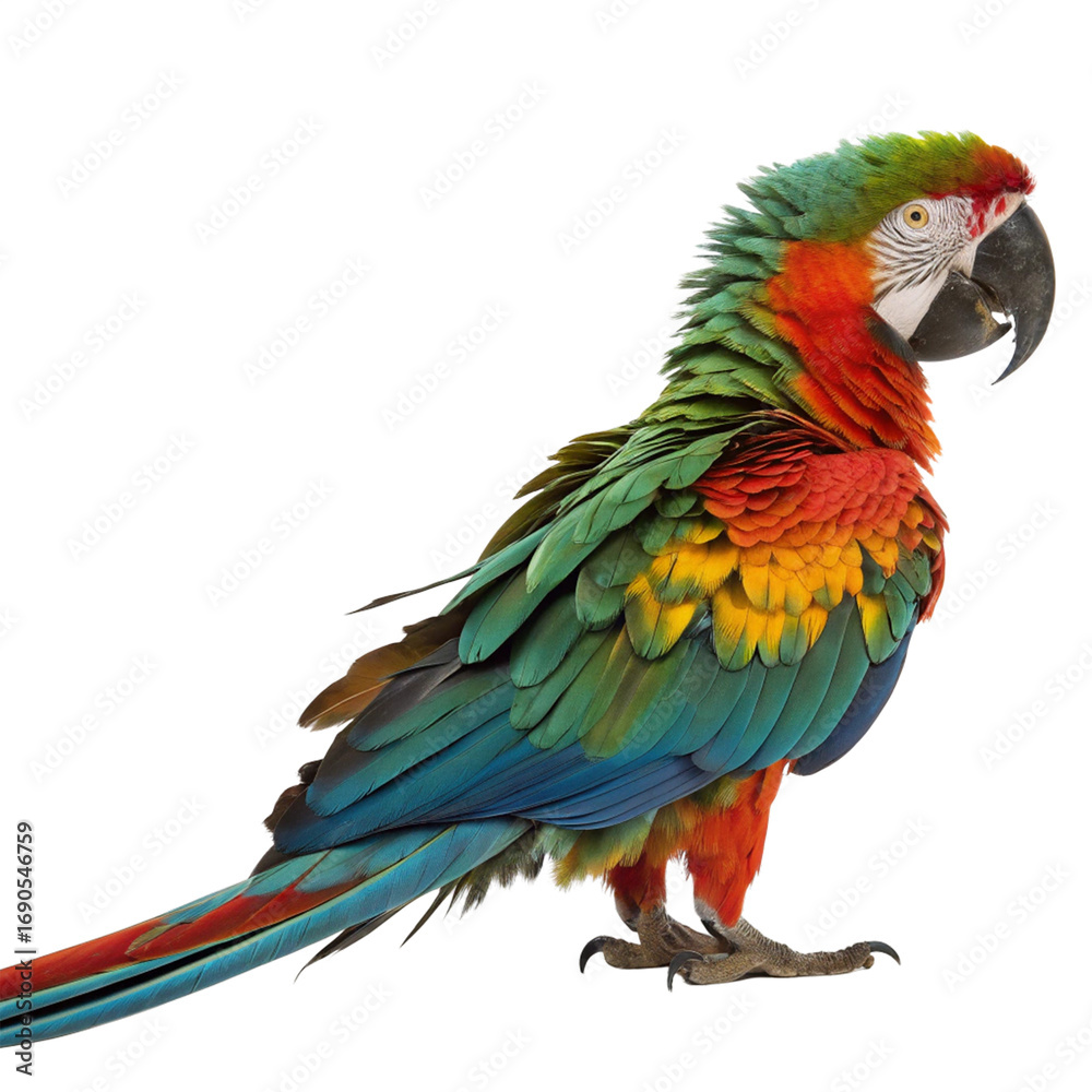 Fototapeta premium Vibrant macaw parrot showcases stunning colorful plumage, a tropical beauty ready to impress. 