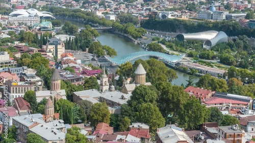 High angle view of the Old Town district of Tbilisi with a time lapse of traffic