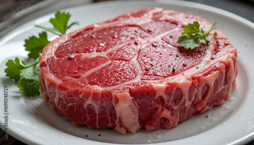 A raw ribeye steak with prominent marbling sits on a white plate, garnished with fresh parsley leaves.