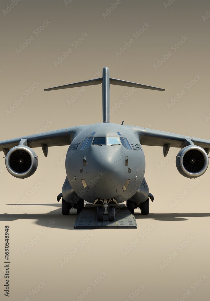 Obraz premium Military cargo plane on a tan background – Aerial vehicle and aviation transportation