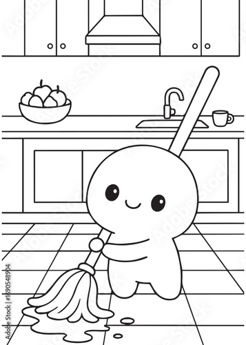 coloring book mop happily mopping the tiled kitchen floor beneath cabinets, keeping the room spotless.
