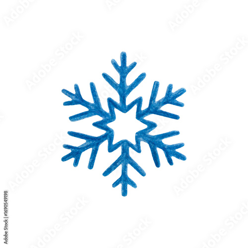 Blue snowflake drawn with watercolor pencil isolated on white background. Winter Christmas decor element.
