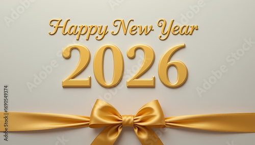 Happy New Year 2026 Golden Ribbon Greeting Card Elegant Typography with Bow Decoration on Light Background