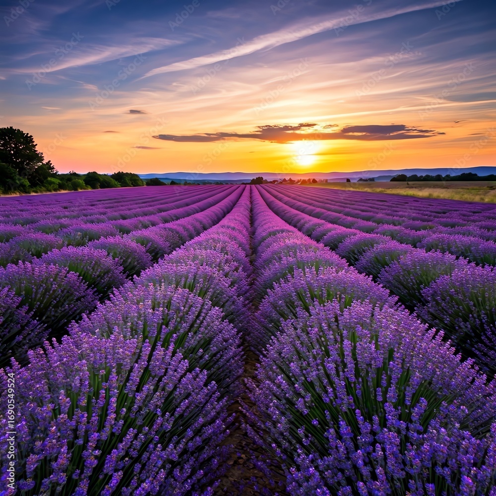 Fototapeta premium Lavender Field at Sunset in Provence Inspiring Serenity and Beauty