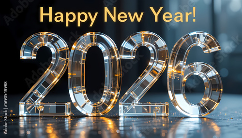 Happy New Year 2026 Glass Text Celebration Poster Transparent Numbers with Internal Glow on Reflective Dark Background Festive Holiday Greeting Design for Seasonal Events and Announcements