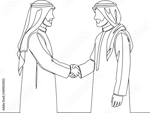 Two Arab men shaking hands in a single line drawing