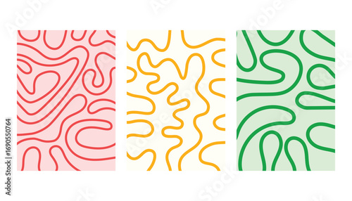 Twisted lines, curved, fluid, liquid, wiggling stripes backgrounds set. hand drawn wavy lines. organic winding lines. retro groovy doodle hippie patterns set
