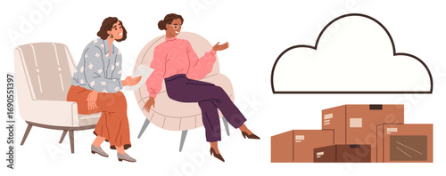 Two women seated in chairs talking, boxes stacked nearby under a cloud outline. Ideal for teamwork, collaboration, cloud storage, logistics, communication, innovation planning. A simple flat