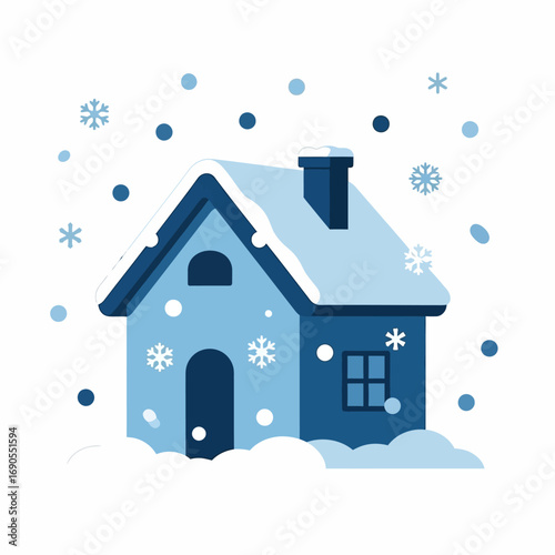 Cozy snow-covered house in winter wonderland, snowflakes falling.