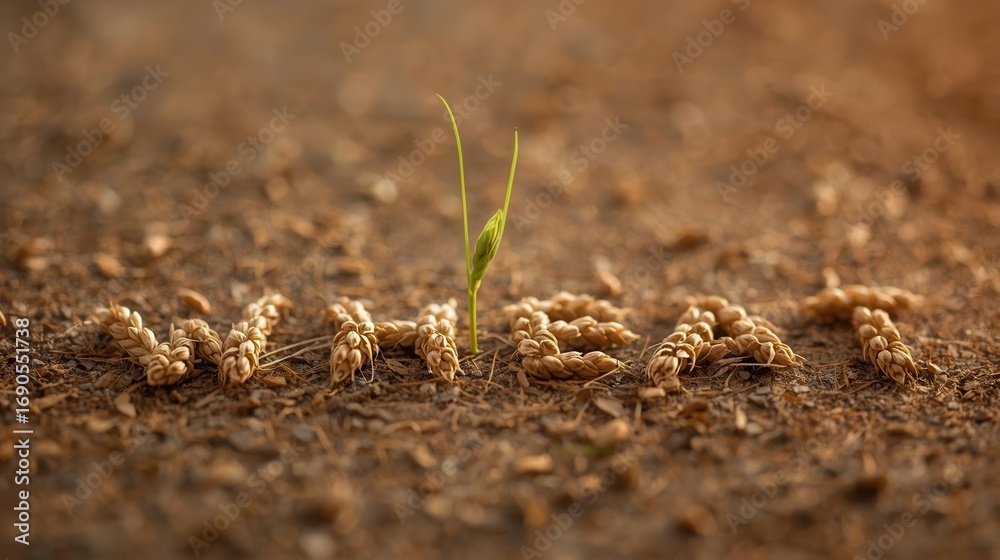 Fototapeta premium Growing green plant from wheat seeds in natural soil focused close-up view symbolizing life and growth