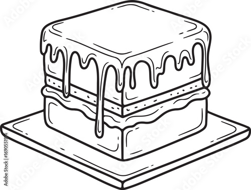 Square Cake with Drips Line Art dessert sweet