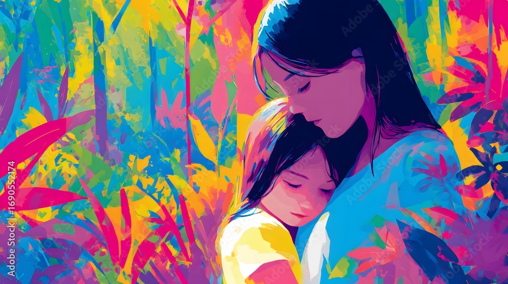 Fototapeta premium Vibrant and Intimate Vector Illustration of a Loving Mother Demonstrating Tender Care to Her Daughter in a Lush Park Setting