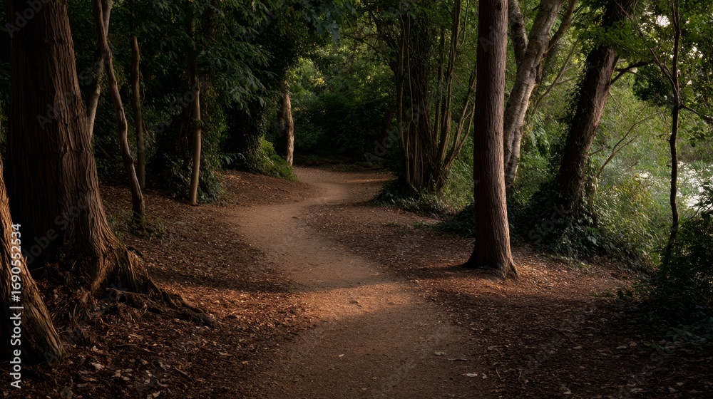 Fototapeta premium Tranquil woodland trail illuminated by warm dusk light with lush green trees and a meandering dirt path, evoking serenity and connection with nature for outdoor enthusiasts