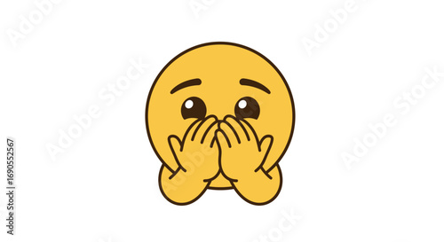 Photos Cute yellow emoji with large, pleading eyes covering its mouth with hands in surprise