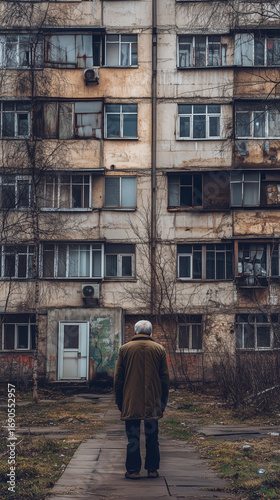 Elderly man stands alone in front of a decaying apartment block on a gloomy day, symbolizing solitude and urban decline.